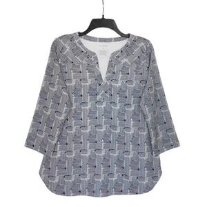 Van Heusen Top Womens Medium‎ Blue White 3/4 Sleeve Geometric Mixed Media Tunic